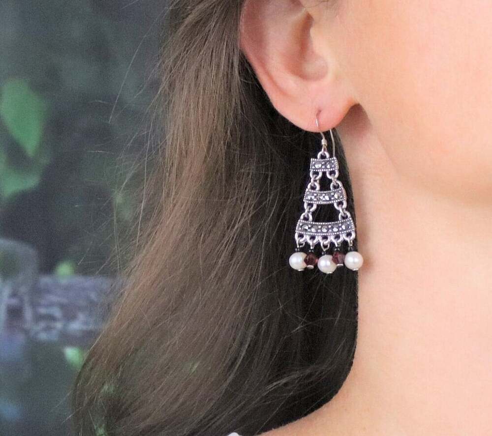 Sterling Silver Marcasite, Pearl, Rhinestone, Bead Earrings Dangle Drop 2" x 3/4 - Picture 2 of 7
